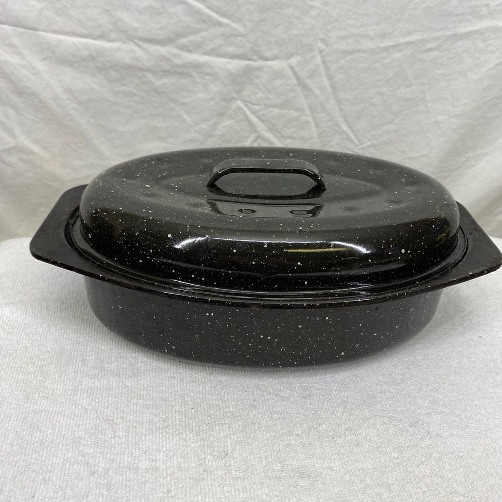 Vintage Black Speckled Graniteware Oval Roasting Pan with Self Basting Lid 13in